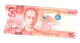 Bancnota Filipine 50 piso 2021, circulata, stare buna, cu pata pe revers