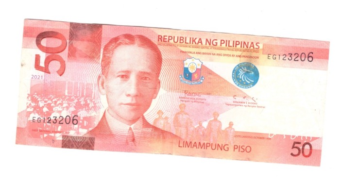 Bancnota Filipine 50 piso 2021, circulata, stare buna, cu pata pe revers