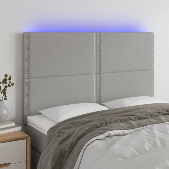 vidaXL Tăblie de pat cu LED, gri deschis, 144x5x118/128 cm, textil