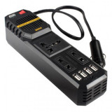 Mini Invertor Auto Portabil iSEN, 200W - DC 24V, Incarcare rapida, Protectie la scurtcircuit, Ventilator de racire, 4xUSB, Negru