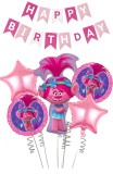 Set De 18 piese Trolls Poppy, Figurina Printesa Troli Poppy 74 cm, Baloane Folie Aluminiu 45 cm, stegulete decorative Happy Birthday, Roz, ANTADESIM