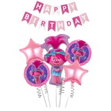 Set De 18 piese Trolls Poppy, Figurina Printesa Troli Poppy 74 cm, Baloane Folie Aluminiu 45 cm, stegulete decorative Happy Birthday, Roz