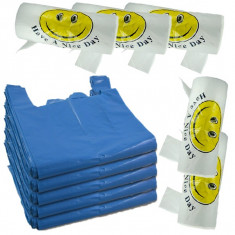 5 x Pungi plastic cu maner, rezisenta 10kg + 5 x Pungi Smiley face, 125buc/rola foto