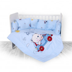 Set lenjerie pat 8 piese bumbac ranforce Trend Bear Car Blue