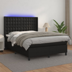 vidaXL Pat box spring cu saltea, negru, 140x190 cm, piele ecologică