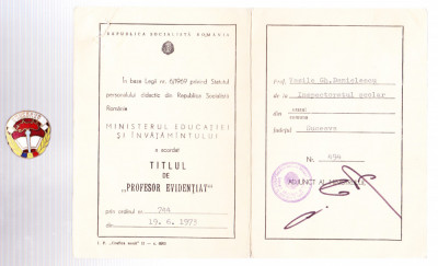 AMS# - TITLU PROFESOR EVIDENTIAT SUCEAVA 1973, + legitimatie foto