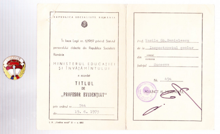 AMS# - TITLU PROFESOR EVIDENTIAT SUCEAVA 1973, + legitimatie