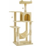 FEANDREA Ansamblu joaca pentru pisici cu 2 platforme, pestera, hamac si stalpi sisal, 55x45x143 cm, bej
