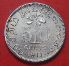 Ceylon 50 Cents 1917 VF+ detaliu argint 5.83g usor curatat foto