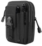 Geanta tactica neagra 18 x 12.5 x 5 cm, borseta militara Molle pentru curea, Cordura si nailon, 2 compartimente, 4 buzunare, impermeabila, capacitate