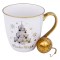Cană Crăciun New Bone, Model Brad, Alb/Auriu, Capacitate 620ml, Cu Filtru Metalic Auriu