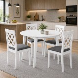 Set masa living plianta Philadelphia, MDF, lemn masiv, rotunda, 55 90 x 90 x 74,8 cm si 4 scaune Vienna, tapiterie stofa, 94x49x40 cm, alb