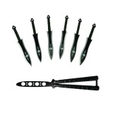 Set Briceag fluture si sase cutite de aruncat, otel inoxidabil, negru