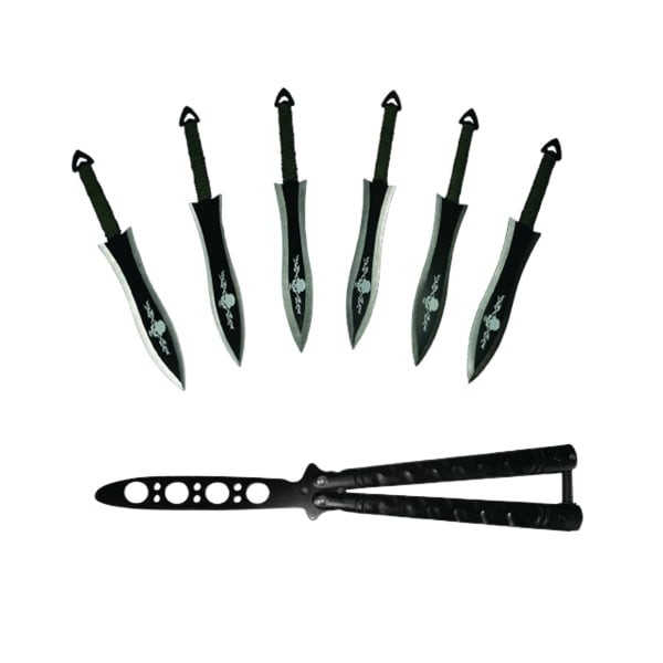 Set Briceag fluture si sase cutite de aruncat, otel inoxidabil, negru