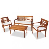 Set gradina vidaXL, 4 piese, lemn tec masiv, cu perne, banca, 2 scaune, masuta cafea, maro