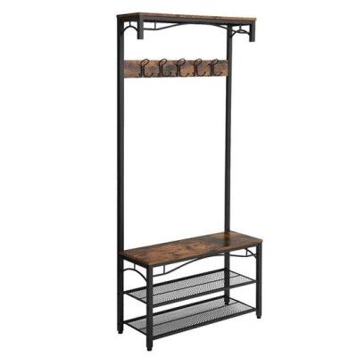 Cuier cu 2 rafturi pentru incaltaminte, Vasagle, banca, pal si metal, negru, 80x30x178.5 cm GartenVIP DiyLine foto