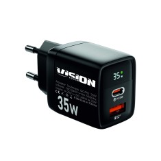 Incarcator retea Vision Touch VIR01N, 35W Fast Charge, USB-C/USB-A, QC/PD, Display, Protectie supratensiune, suprasarcina, scurtcircuit, supraincalzir