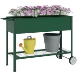 Outsunny Jardinieră Exterioară cu Raft Inferior pentru Unelte, Jardinieră Metalică cu 2 Roți și M&acirc;ner, 104x39x80 cm, Verde | Aosom Romania