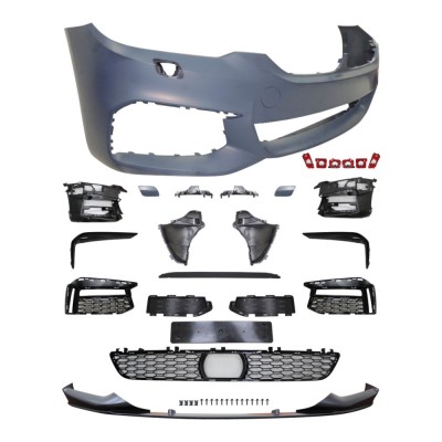 Set bara fata BMW Seria 5 (G30/G31), 05.2017-08.20, cu gauri spalator; grunduit, de vopsit; type M-Performance; cu grile inferioare, cu bandouri, cu foto