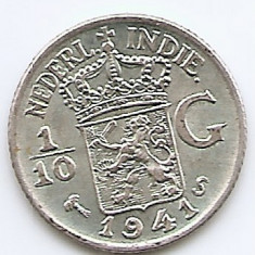 Indiile de Est Olandeze 1/10 Gulden 1941 Wilhelmina, Argint 1.25g/720, KM-318