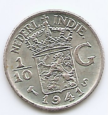 Indiile de Est Olandeze 1/10 Gulden 1941 Wilhelmina, Argint 1.25g/720, KM-318 foto