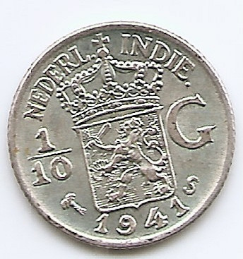 Indiile de Est Olandeze 1/10 Gulden 1941 Wilhelmina, Argint 1.25g/720, KM-318