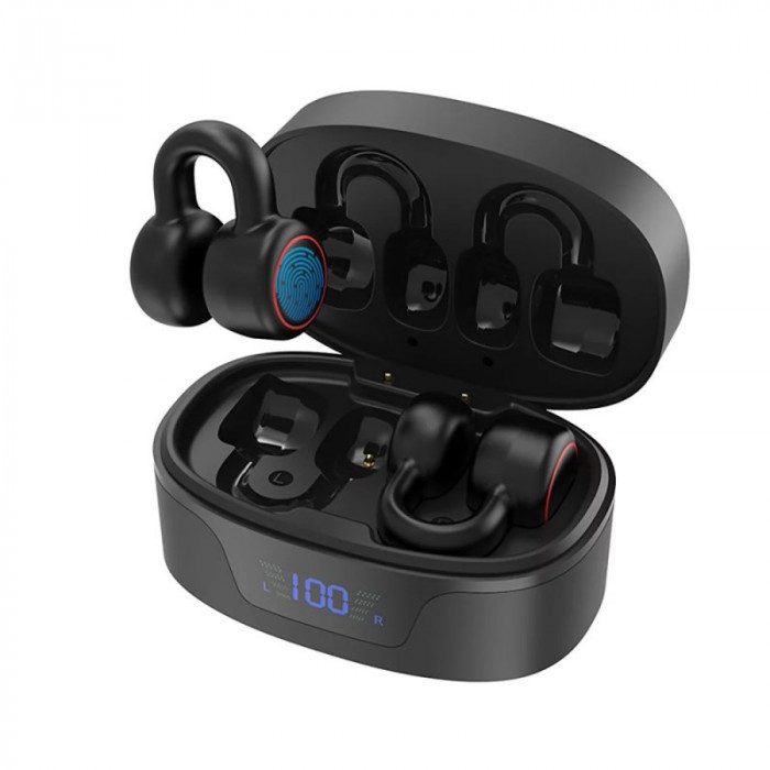 Casti Bluetooth cu clips Techstar&reg; K24, Bluetooth 5.3, Microfon, Control prin atingere, Afisaj LED, 300 mAh, potrivite pentru jocuri/sport/conversatii