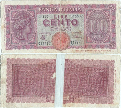 1944 (10 XII), 100 lire (P-75a) - Italia! foto