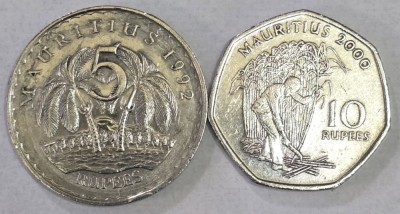 MAURITIUS Set / Lot 6 , 2 Monede : 5 Rupees 1992 + 10 Rupees 2000 foto