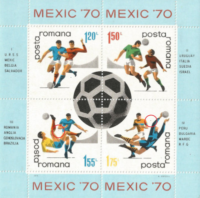 Rom&amp;acirc;nia, LP 729a/1970, C.M. de Fotbal - Mexic, bloc dantelat, eroare, MNH foto