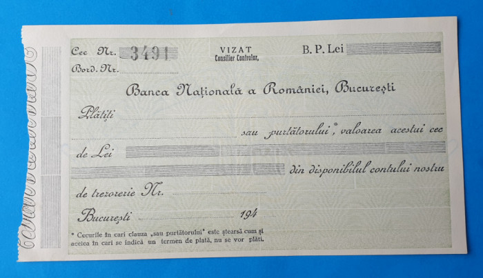 Bancnota veche perioada regala Banca Nationala a Romaniei - Fila Cec anii 1940