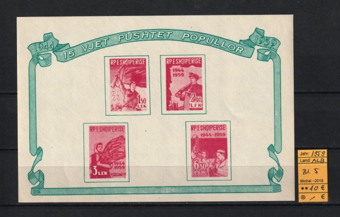 Albania, 1959 | Celebrare 15 ani de la eliberare / independenţă | NDT, MNH | aph