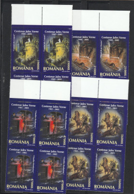 Romania 2005-Centenar Jules Verne,serie 4 valori dantelate,bloc de 4,MNH foto