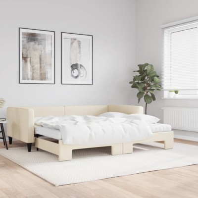 vidaXL Pat de zi cu extensie și saltele, crem, 100x200 cm, textil 3196605 foto