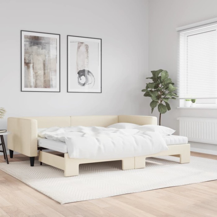 vidaXL Pat de zi cu extensie și saltele, crem, 100x200 cm, textil 3196605