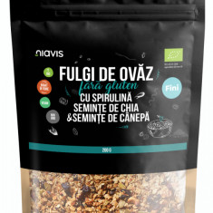 Fulgi de ovaz fini fara gluten cu spirulina, chia si seminte de canepa Eco, 200g, Niavis