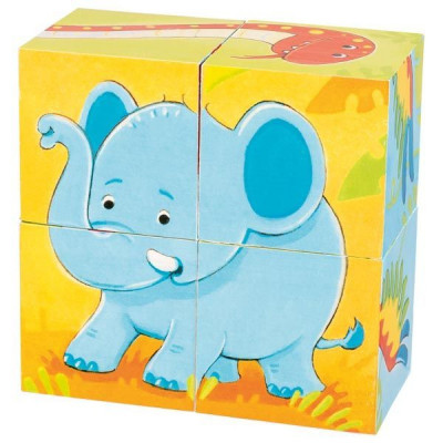 Puzzle din cuburi Animale salbatice Goki, 8 x 8 x 4 cm, 4 piese, lemn, 2 ani+ foto