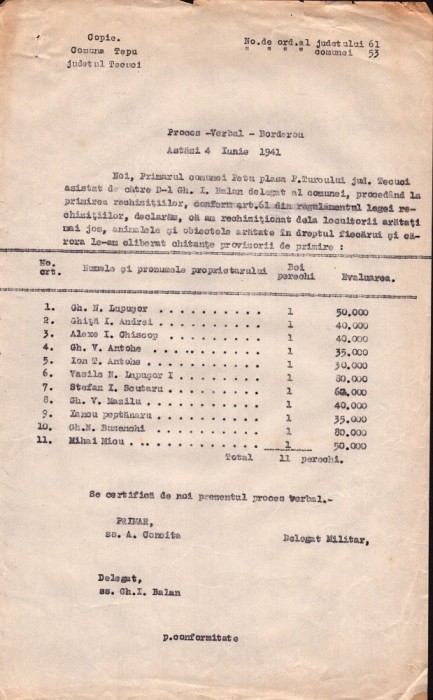 A3607N Proces verbal de rechiziție perechi de boi de la țărani pe seama armatei rom&acirc;ne, 1941, sat Țepu, județul Tecuci, azi județul Galați