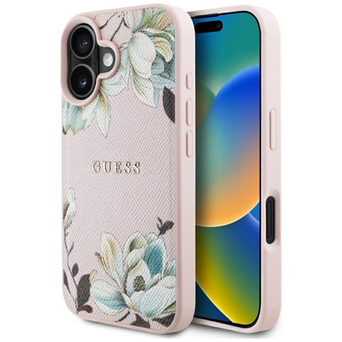 Husa iPhone 16 Guess Grained Flowers MagSafe, roz, GUHMP16SPGNMPLMP