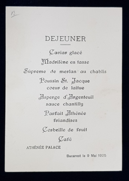 RESTAURANTUL ATHENEE PALACE , MENIU , 9 MAI , 1925