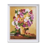 Tablou vaza cu flori si carti pictat manual inramat, 55x45cm ulei panza, rama alba din lemn