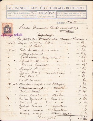 HST A911 Factură Kleininger Miklos Coloniale textile Tomnatic Timiș 1913 foto