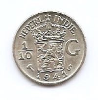Indiile de Est Olandeze 1/10 Gulden 1941 Wilhelmina, Argint 1.25g/720, KM-318
