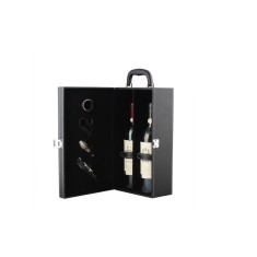 Set Cutie de vin Deluxe, pentru 2 sticle, cu accesorii de vin incluse, din piele ecologica, neagra fina, Dispozitiv de taiat folia, Dop si picurator