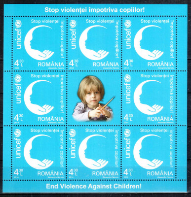 Romania 2014, LP 2025 b, UNICEF Stop Violentei, minicoala de 8 + 1 vinieta, MNH! foto