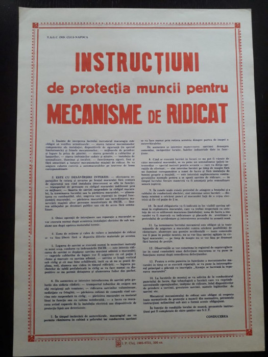 HST Afiș pe h&acirc;rtie protecția muncii Rom&acirc;nia comunistă