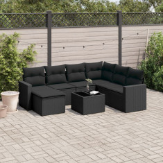 Set mobilier de gradina cu perne, 8 piese, negru, poliratan