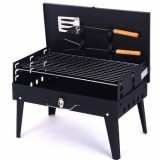 Grătar Portabil Pliabil Tip Servietă cu Accesorii Incluse, Metal Rezistent, 46x43x26 cm, Negru &ndash; Ideal pentru Camping, Picnic și Grădină