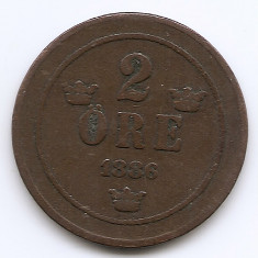Suedia 2 Ore 1886 - Oscar II (litere mari) Bronz, 21 mm KM-746