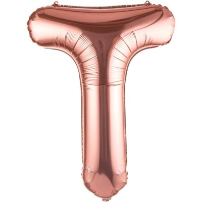 Balon folie metalizata litera t, flippy, 80 cm, umflati cu heliu sau aer, ambalaj individual, pai inclus, rose gold foto